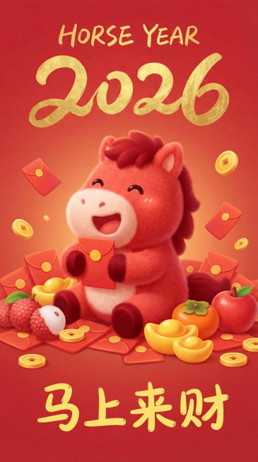 一幅采用多巴胺配色和 ins 风格的 Q 版红色插画。一只可爱的卡通绒毛小马带着开心愉快的表情，手里拿着一个红包。小马周围排满了红包、荔枝、苹果、柿子、金元宝和金币。顶部手写文字‘HORSE YEAR预览效果