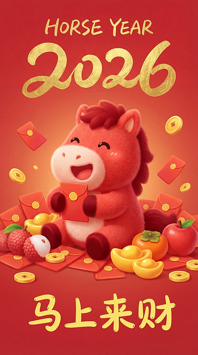 软3D风格萌马手持红包，毛发生长质感细腻，鎏金文字点缀，喜庆卡通插画风，寓意马年来财，节日氛围浓厚。