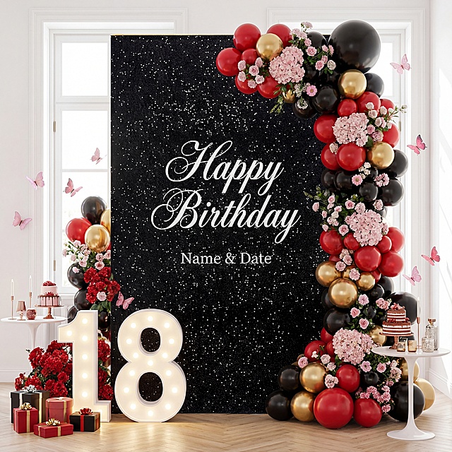 生成一个室内生日派对的布置场景，整体以梦幻的红黑色为主色调，搭配明亮的自然光，营造出浪漫又甜美的氛围：画面中央是一块黑色长方形亮片背景布（如参考图），印着白色花体字 “Happy Birthday”，下方还有小字标注（疑似姓名与日期），简洁的设计直接点明派对主题。背景布右上角和两侧被花艺 + 气球组合装饰包裹 —— 红、黑气球穿插着金色金属气球，搭配淡粉绣球、粉白小花与绿叶，蓬松饱满的造型让场景更显梦幻。地面左侧摆放着发光的白色数字 “18” 小型灯牌，周围环绕着红色花艺与小礼物盒；两侧的白色小桌上放置了迷你蛋糕、蜡烛、装饰摆件，细节精致且呼应主题；空间中点缀着粉色蝴蝶装饰，增添了灵动的童趣感。背景是白色欧式落地窗，明亮的自然光透过窗户洒入，搭配浅木色地板与白色墙面，让淡紫色为主的布置更显清新柔和。整个场景既有着生日派对的活泼温馨，又因粉红色调与精致花艺的搭配，透出一丝优雅梦幻，很适合作为生日合影区或派对主场景。