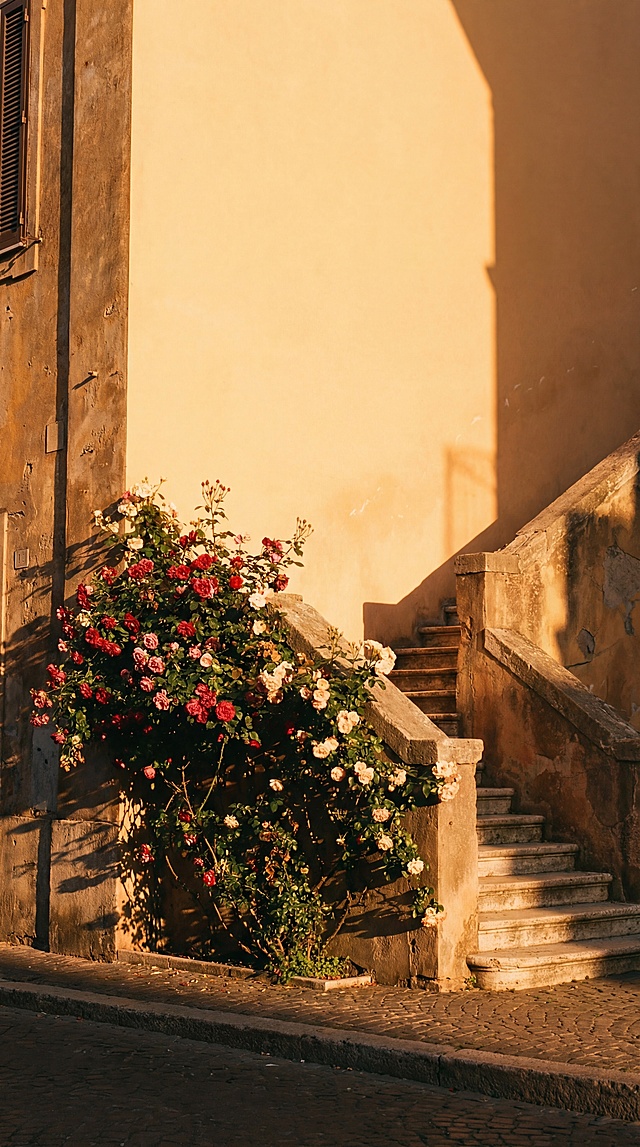 A minimalist street scene of rose vines cascading onto sun-drenched cobblestone steps, golden hour, intense amber lighting, cinematic shadows, poetic urban atmosphere, Kodak Portra 400 style, massive negative space --ar 9:16 --v 6.0