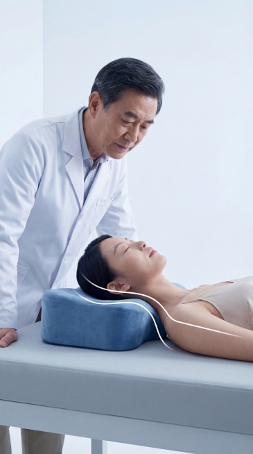 根据图片中的人东亚女性，和图中的护颈枕，做一个专业医疗场景护颈枕广告图，极简浅灰色诊疗床+冷白色背景，一位资深东亚男医师身着白大褂，俯身观察躺在诊疗床上的东亚女性。东亚女性头部贴护颈枕，双眼闭合表情放预览效果