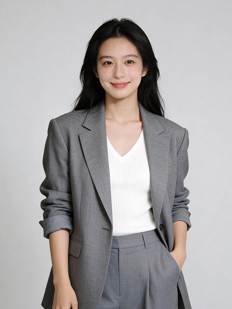 灰色西装单手插兜女士形象照