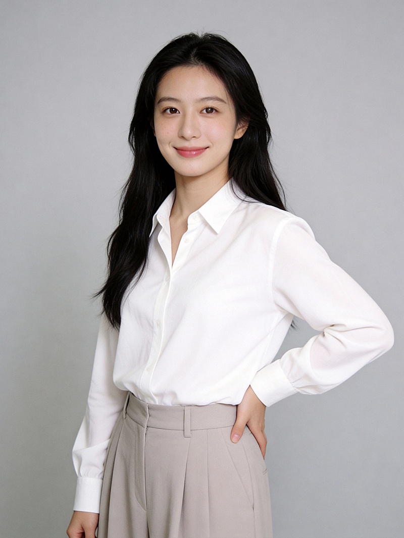 亲和白色衬衫叉腰女士形象照