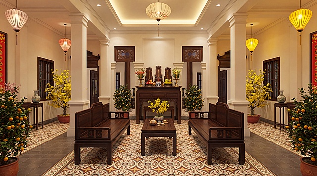 Mở rộng khung hình theo chiều ngang, giữ bố cục đối xứng của không gian nội thất nhà cổ Việt Nam. Giảm bớt các chi tiết trang trí rườm rà trên cột, tường và đồ gỗ để tổng thể gọn gàng, thoáng đãng hơn. Giữ lại bàn thờ, bộ trường kỷ gỗ và nền gạch hoa làm điểm nhấn chính.

Bổ sung hệ thống bóng đèn trong nhà: đèn trần, đèn treo truyền thống hoặc đèn lồng ánh sáng vàng ấm, ánh sáng tỏa đều, dịu mắt, tạo chiều sâu cho không gian nhưng không gây chói. Ánh sáng mang cảm giác sum vầy, ấm cúng ngày Tết.

Tạo không khí Tết truyền thống miền Nam Việt Nam: chỉ sử dụng hoa mai vàng hoặc cây tắc, bố trí vừa phải, hài hòa, tuyệt đối không có hoa đào. Tông màu chủ đạo đỏ – vàng – xanh lá cân bằng. Không thêm người, không thay đổi kiến trúc gốc, phong cách chân thực, phù hợp làm visual trang trí hoặc màn hình LED.