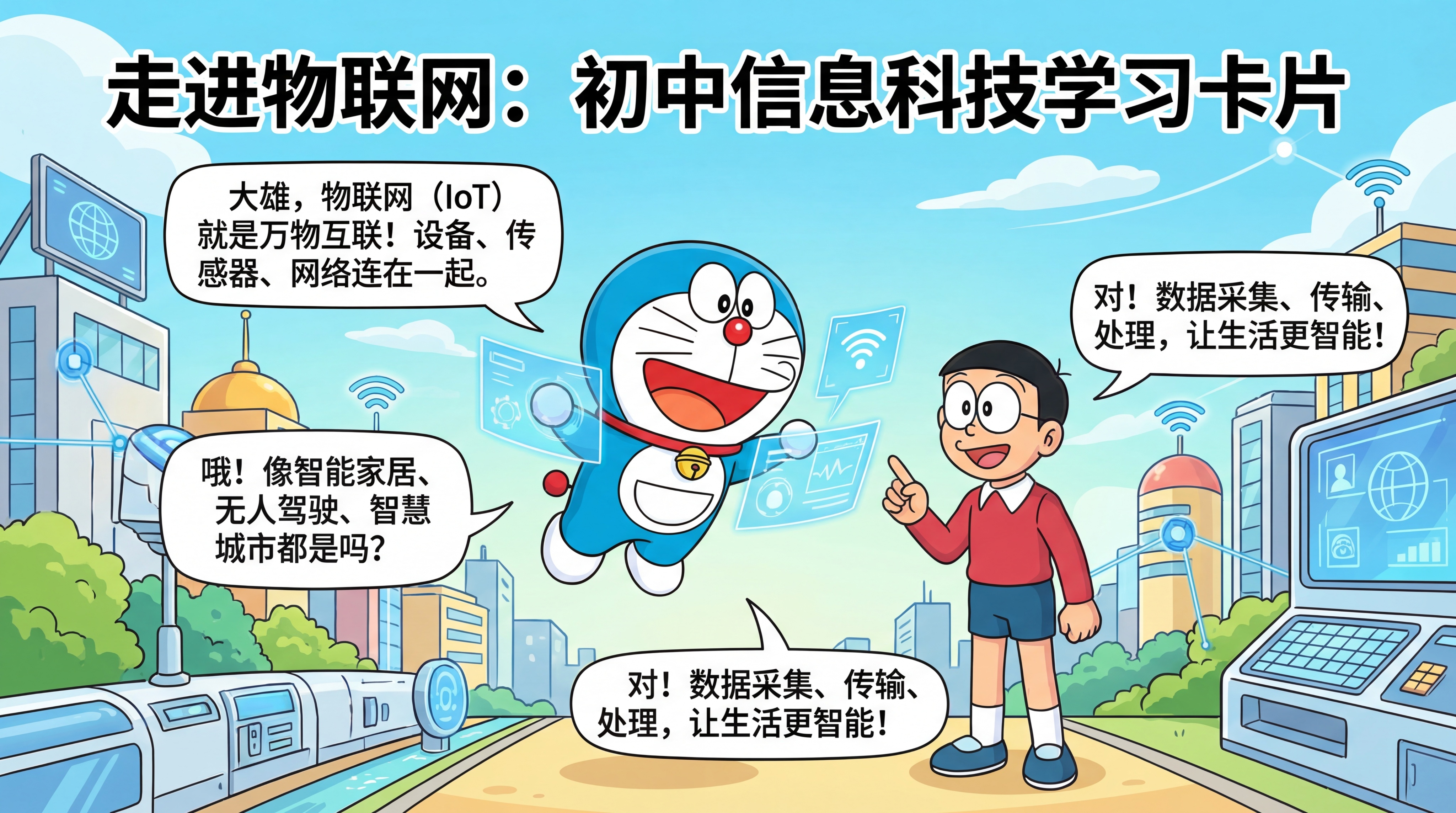请使用机器猫的插画风格设计一组学习卡片，主题内容是初中信息科技… - 图片创意预览