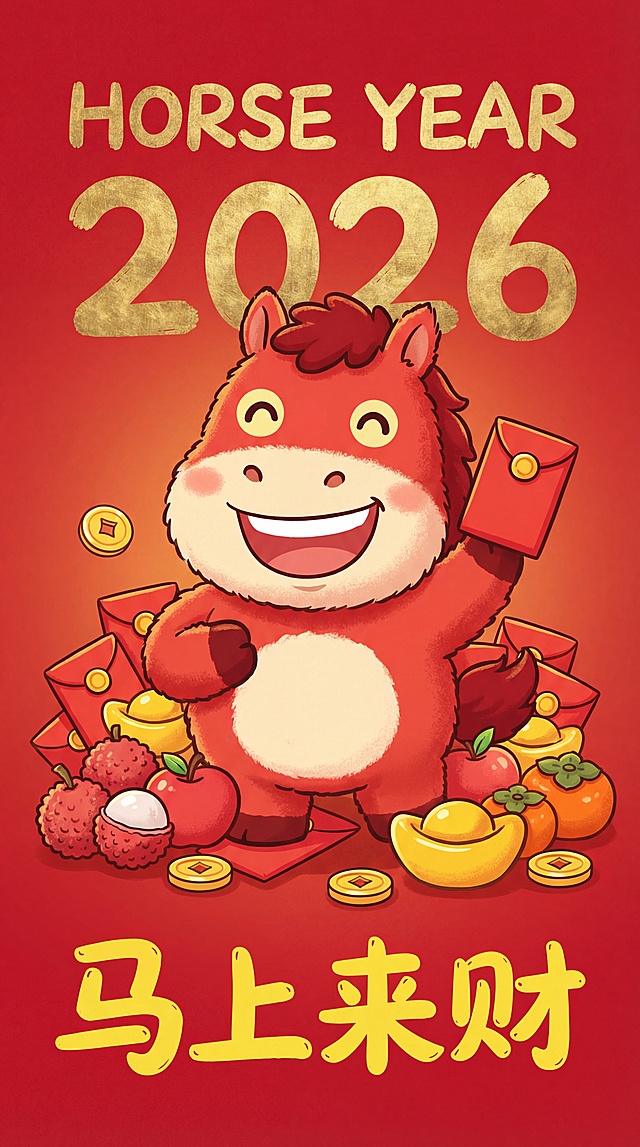 喜庆红金配色，卡通拟人马形象手持红包，环绕金元宝与水果，插画风呈现2026马年新春“马上来财”祝福，鎏金文字增添节日奢华感。