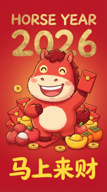 一幅采用多巴胺配色和 ins 风格的 Q 版红色插画。一只可爱的卡通绒毛小马带着开心愉快的表情，手里拿着一个红包。小马周围排满了红包、荔枝、苹果、柿子、金元宝和金币。顶部手写文字‘HORSE YEAR预览效果