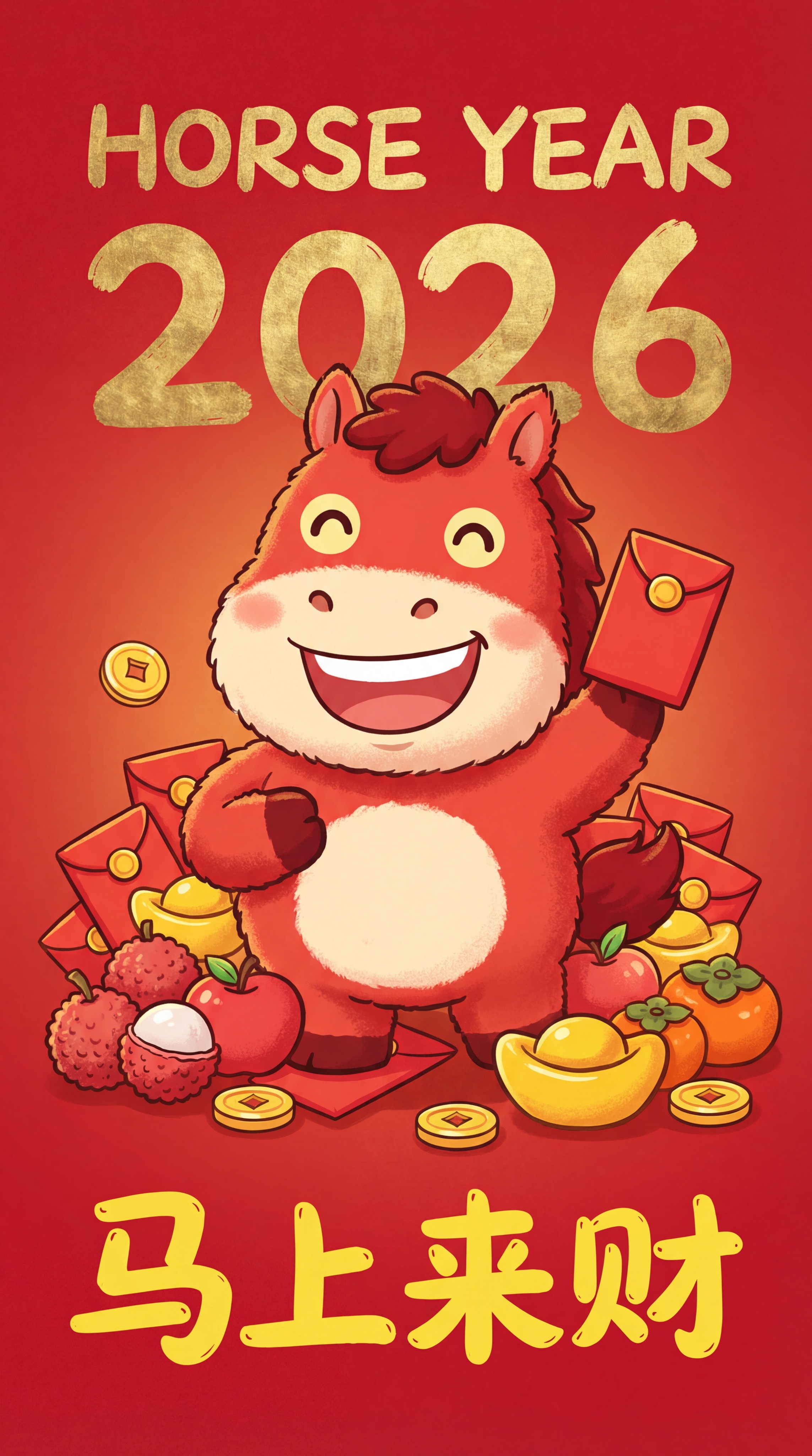 一幅采用多巴胺配色和 ins 风格的 Q 版红色插画。一只可爱… - 图片创意预览