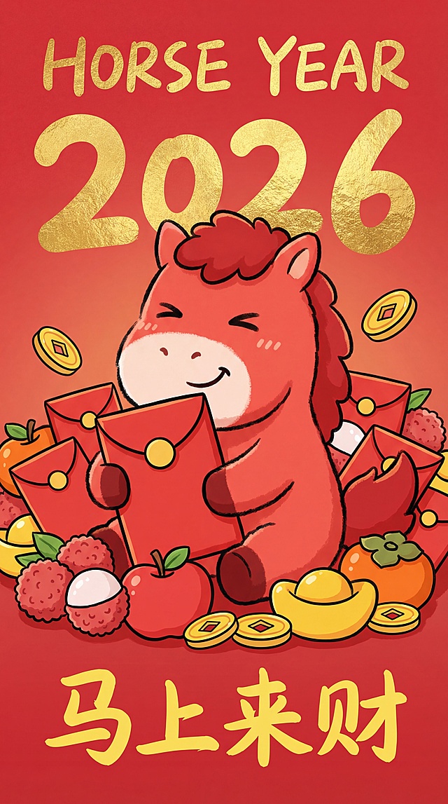 插画风卡通马拟人化，红金配色喜庆十足，鎏金字体点缀，红包、金币环绕。