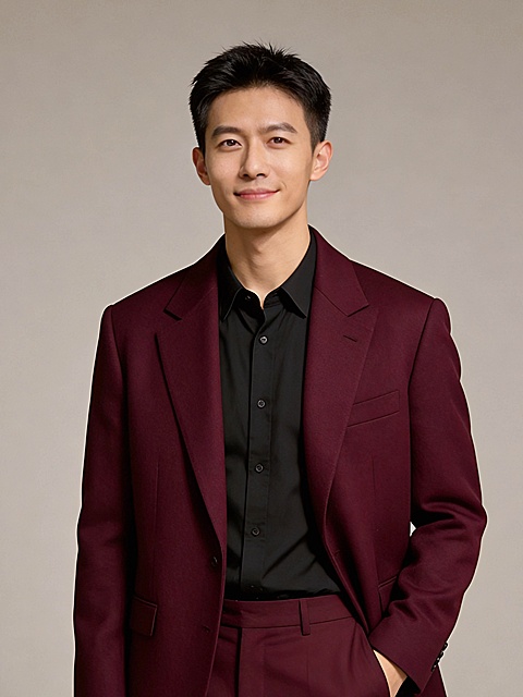 红色西装新年单手插兜男士形象照