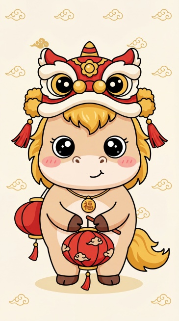 马年春节 IP 设计，采用可爱的卡通风格，胖乎乎的小马 IP 图像，圆圆的大眼睛，黑色的瞳孔透亮，粉红色的红晕脸颊，短而蓬松的金色鬃毛和尾巴（配有红色流苏装饰），穿着舞狮服装，上面有金色的绒球，脖子上预览效果