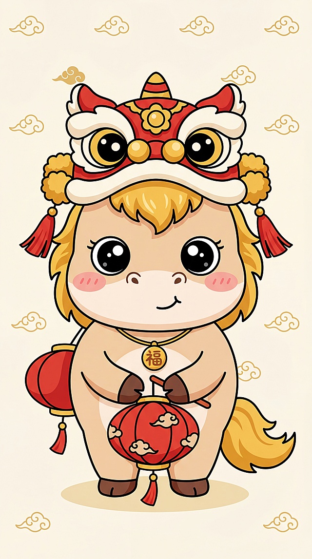 萌趣小马戴狮头，手持红灯笼，融合国潮与剪纸元素，卡通拟人设计，喜庆插画风，传递新春祝福。