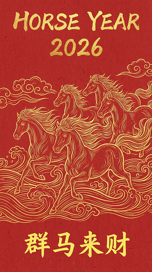 一幅中式线条风格的插画，描绘了一群奔跑的马，马的形态由鎏金波浪曲线构成。马的鬃毛和身体线条流畅、飘逸，充满动态感。背景是类似红色宣纸的波浪以及祥云。顶部手写文字‘HORSE YEAR’，金色鎏金风格的数字‘2026’，底部手写黄色字 “群马来财“