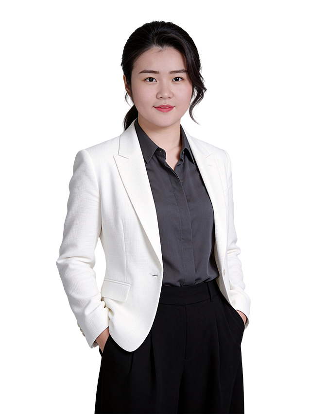 参考第一张图保留人物脸型､发型､年龄等特征生成职场形象照,参考第二张图人物占位和比例,标准焦段50mm,F/4光圈(F/2.8-F/4区间),平视视角(镜头与人物视线齐平);人物占画面70%,人物居中(居中构图),位于画面中心,为视觉聚焦点,入境范围头部及以下至臀部下方10cm(半身像);左右留少量背景空间;头部与画面顶部保留5%空间;头部发型完整;头肩比例协调,主体锐利,美颜磨皮韩式精致浓妆,均匀肤色提亮肤色,唇色自然微红,白色高级精纺面料西装外套,深空灰色衬衫,黑色阔腿裤,双手插兜的站立姿态,松弛不刻意,散发生活化的惬意感,发型柔顺光泽,弧度自然,眼神直视镜头,目光温柔澄澈,表情自然,嘴角微微上扬,气质自信从容霸气干练;均匀肤色,专业人像摄影写真,头部完整,结构准确;光比1:1.5,4800K中性光,修饰脸型,肤质哑光细腻,轻透裸肌感,真实毛孔纹理,32K画质,去除人物之外的所有元素,零噪点降噪,简约中度灰纯色背景。