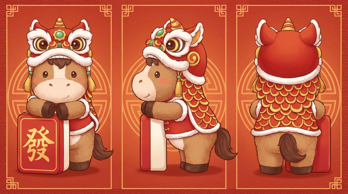一个毛绒风格的马年 IP 设计，以三视图形式展现。一匹马身着舞狮服装，旁边靠着一块写有 “發” 字的红色麻将牌。红色背景，这匹马看起来灵动又可爱。预览效果