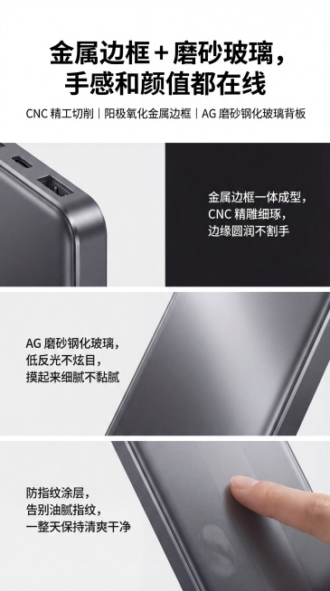 充电宝详情页             一、第一屏
 1.标题（大字）：
 “ iPhone 专用QI2磁吸充电宝”
2.副标题（小字）：
  “Qi2 磁吸快充｜实时屏显｜金属+磨砂玻璃高颜值”
画预览效果