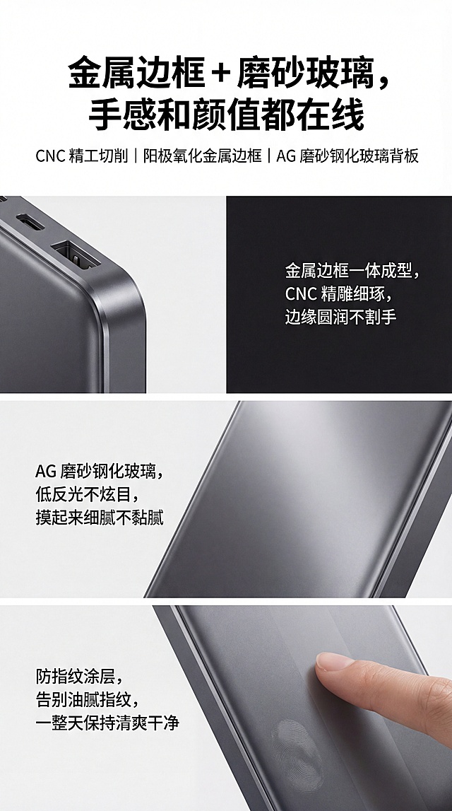 充电宝详情页             一、第一屏
 1.标题（大字）：
 “ iPhone 专用QI2磁吸充电宝”
2.副标题（小字）：
  “Qi2 磁吸快充｜实时屏显｜金属+磨砂玻璃高颜值”
画面描述：
  - iPhone 17 银色背面 + QI2充电宝吸在背上+图中浅蓝色的背景上有几个承托产品的柔软的渐变球体，画面颜色搭配舒服；
  - 特写磨砂玻璃背板的光感+金属边框；强化突出充电宝的背面磨砂玻璃的质感和金属边框的材质。（3D渲染风格，超写实主义，octane渲染，强调材质细节，磨砂玻璃与液态透明质感的精确表现，现代产品设计可视化，8K超高清分辨率，光线追踪技术，细腻的材质反射与折射效果）
二、第二屏
- 标题：
 “告别笨重的大砖头，只带一片就够了”
- 副标题：
  **通勤、追剧、咖啡店办公，一吸即充，不占手不占线**
- 内容点（用三小图或三 icon）：
  1. 地铁/通勤：手机+充电宝一体握在手里 → “边走边刷，磁吸不掉”
  画面描述：地铁/通勤：有个帅哥在地铁里一只手抓着头顶的扶手，一只手一体握着背面有充电的手机在手里 
  2. 办公/咖啡：手机放桌面上吸着充 → “无需找线，拿起就走”  
  3. 外出约会：女士小包内实拍 → “比大容量砖头更轻更好看”
### 3. 第三屏： 核心功能——Qi2 / 磁吸 / 快充 / 屏显

用一个“功能集成”屏，把你图里的 Qi2 / MPP / 智充UI / 实时动态显示都简化掉。

- 标题：
  **Qi2 磁吸快充 + 实时屏显，一眼看懂充电状态**

- 副标题：
  **支持 Qi2 磁吸协议，最高 15W 无线快充，PD 20W 有线快充**

- 内容点（左右排/上下排都可以）：
  - 左侧：Qi2 + MagSafe 图标
    - 文案：**一吸即充，自动对准磁吸线圈**
  - 中间：屏显 UI 特写
    - 文案：**电量百分比 / 充电功率 / 剩余时间，一目了然**
  - 右侧：PD 20W 有线口示意
    - 文案：**有线充更快，iPhone 从 20% 充到 60% 约 XX 分钟*（用实测数据补）**
 第四屏：体验细节——容量够用 / 轻薄 / 吸得稳

**这是拼多多退货率高的关键处理：把预期说清。**

- 标题：
  **轻装出门，刚刚好够用的一天电量**

- 副标题：
  **不是越大越好，而是够用+轻薄才重要**

- 内容拆分：

（你可以分别做 5000 和 10000 的详情页，这里以示例写法）

- 左侧：5000mAh →
  - 文案：
    - “适合日常通勤补电，iPhone 15 大约可从 20% 充到 80% 约1–2 次*”
“更轻更薄，放小包不占空间”
右侧：10000mAh →文案：“适合重度使用/短途出差，iPhone 15 大约可从 20% 充到 80% 约 2–3 次*”
“容量更安心，一天电量无压力”
下面一行小字共同说明：
“*具体次数视机型与使用环境略有差异，数据来自本店实验室测试”
再配一张 “手拿厚度对比” + “磁吸强度小图”：
文案：“约 XX g，握持轻便不疲劳”
“强磁吸 + 多点定位，走路轻晃不易掉落，建议搭配磁吸手机壳使用”
5. 第五屏：做工 & 质感——用你现有的 CNC / 阳极氧化 / AG磨砂玻璃
你现在图里有：CNC、阳极氧化、AG磨砂钢化玻璃、防指纹，这些很棒，但要翻译成人话。
标题：
金属边框 + 磨砂玻璃，手感和颜值都在线
副标题：
CNC 精工切削｜阳极氧化金属边框｜AG 磨砂钢化玻璃背板
内容点：
图1：边框倒角特写文案：“金属边框一体成型，CNC 精雕细琢，边缘圆润不割手”
图2：磨砂玻璃背板局部反光文案：“AG 磨砂钢化玻璃，低反光不炫目，摸起来细腻不黏腻”
图3：手指触摸不留印对比文案：“防指纹涂层，告别油腻指纹，一整天保持清爽干净”
6. 第六屏：安全 & 品控（电芯+保护）
你现在有电池剖面图，可以用来讲“用料和保护”，减少用户担心。
标题：
安全电芯 + 多重保护，安心充不伤机
副标题：
高品质电芯｜多重智能保护｜严格出厂检测
内容点：
“采用高品质聚合物电芯，多轮测试，寿命更长”
“内置多重保护：过充保护 / 过放保护 / 过流保护 / 短路保护 / 温度保护”
“每一台出厂前都经过完整充放电检测，确保稳定可靠”
如果你有任何认证（如 CE、FCC、RoHS 等），可以用小图标排一排。
7. 第七屏：对比普通充电宝（强化定位差异）
用一张对比表，把你和“便宜大黑砖”做对比。
标题：
不是大黑砖，是日常随身的数码饰品
表格示例：
对比项普通充电宝这款磁吸玻璃充电宝
外观 塑料外壳、普通造型 金属边框 + 磨砂玻璃，高级质感 
使用方式 要找线、要拿着两块 一吸即充，手机+电宝合一 
重量体积 笨重厚实，多余容量浪费 轻薄便携，刚好满足一天使用 
充电状态 只有几个灯，看不懂 数显屏实时显示电量和功率 
适配 iPhone 只能当普通移动电源 支持 Qi2 磁吸，更适合 iPhone 用户 
8. 第八屏：适配机型 & 服务承诺
减少购买前疑虑、减少退货。
标题：
适配机型 & 售后服务
内容点：
“无线磁吸推荐搭配：iPhone 12 / 13 / 1
3D渲染风格，超写实主义，octane渲染，强调材质细节，磨砂玻璃与液态透明质感的精确表现，现代产品设计可视化，8K超高清分辨率，光线追踪技术，细腻的材质反射与折射效果
