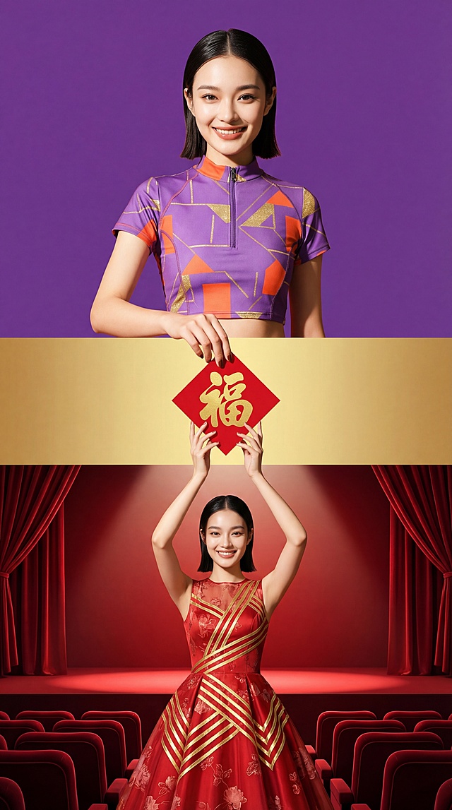 【上层场景，占比45%】：背景纯紫色。身穿紫色+橙色的拼接时尚质感高级定制高定运动装（参考图2）的高级亚洲模特（参考图1），她大眼睛双眼皮，长相很时髦，微笑，齐肩短发大背头，， 女性模特上半身跨越界面从场景中延伸到底部场景，右手拿着红色小小的红底金字福字，从上层画面底部伸出，从中间信息条的上方穿过，传递到下层场景；下层场景中的年轻女性的手抬起接着上层场景递过来的小小的红底金字福字，小小的红底金字福字经过中间信息条上面。
	
【中间场景  画面占比15%】：（通栏分割上下两个真实场景），金色渐变背景且布局简洁规整，不放任何文字，上方递出的小小的红底金字福字显示在中间信息条上面。
	
【下层场景，占比40%】：一位亚洲年轻女性，齐肩短发大背头，红色礼服，服饰上有淡淡的花纹，旗袍上有金色几何条状装饰，站着，女性微笑地高高地抬起手接过从上方传递下来的小小的红底金字福字，手放在在中间场景上拿到（手需要握住小小的红底金字福字中下部），背景是红色的舞台 一束灯光打在模特身上，舞台下有红色帷幔 红色的几排丝绒凳子 奢华简约高级