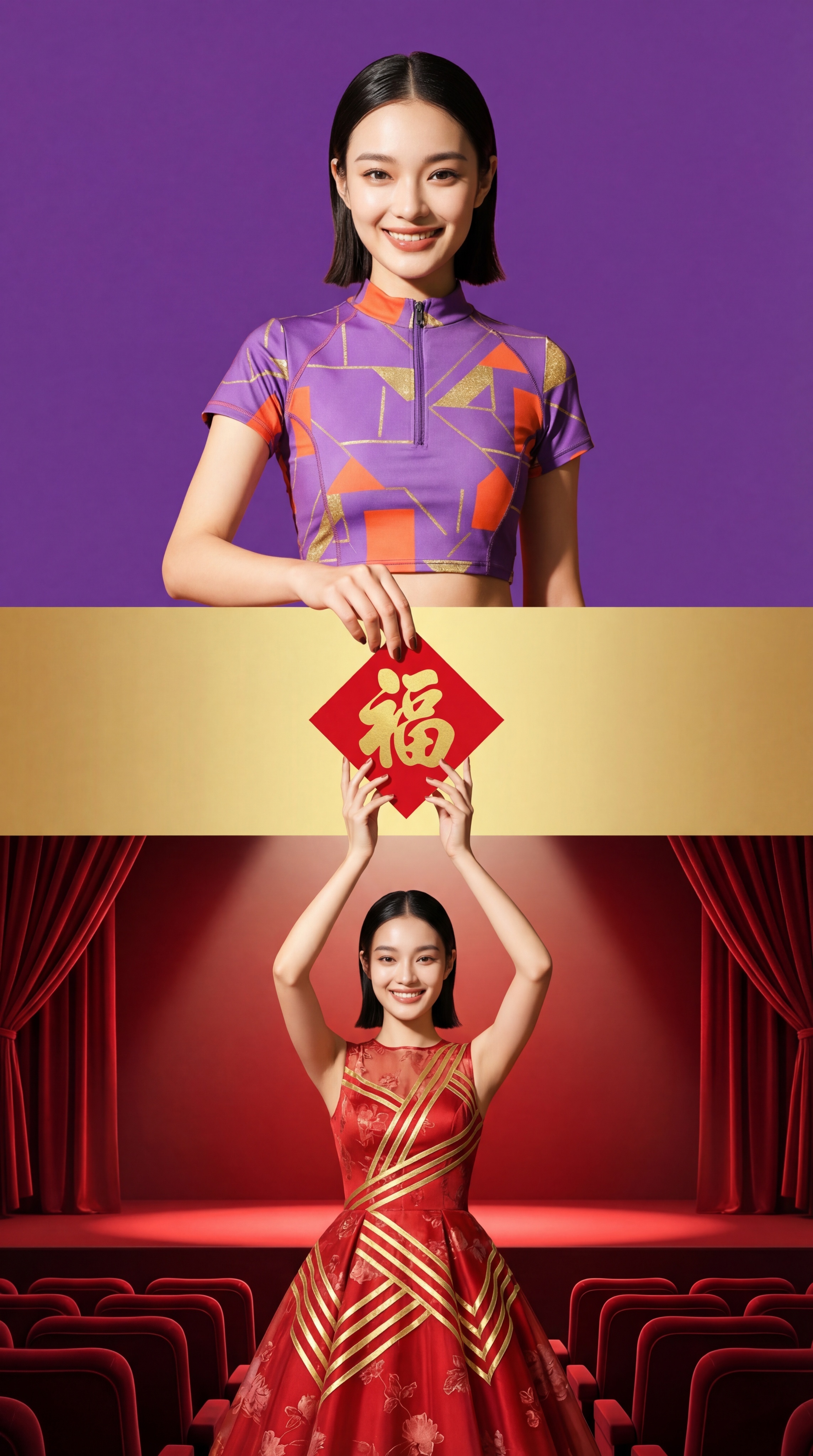 【上层场景，占比45%】：背景纯紫色。身穿紫色+橙色的拼接时尚… - 图片创意预览