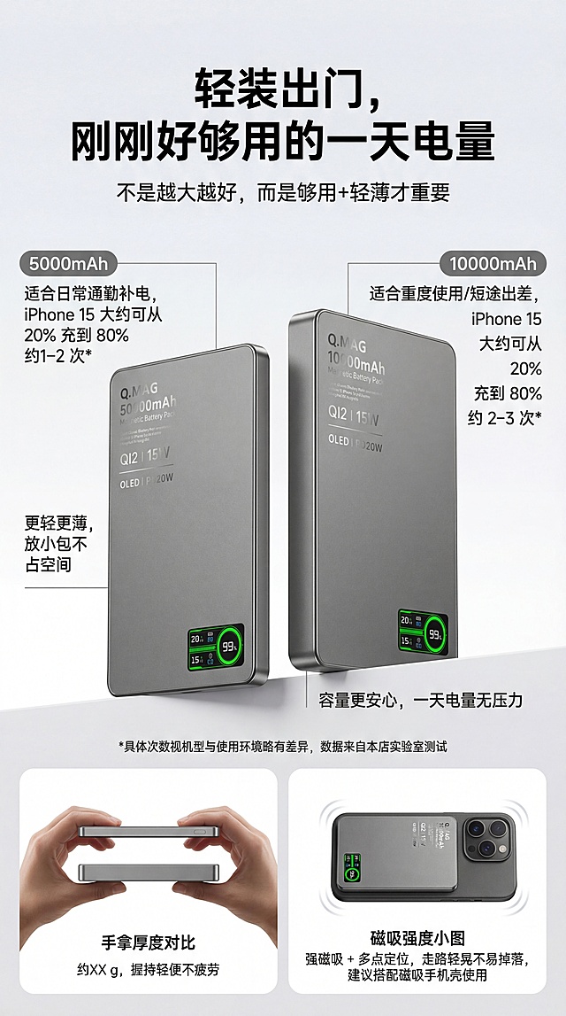 充电宝详情页             一、第一屏
 1.标题（大字）：
 “ iPhone 专用QI2磁吸充电宝”
2.副标题（小字）：
  “Qi2 磁吸快充｜实时屏显｜金属+磨砂玻璃高颜值”
画面描述：
  - iPhone 17 银色背面 + QI2充电宝吸在背上+图中浅蓝色的背景上有几个承托产品的柔软的渐变球体，画面颜色搭配舒服；
  - 特写磨砂玻璃背板的光感+金属边框；强化突出充电宝的背面磨砂玻璃的质感和金属边框的材质。（3D渲染风格，超写实主义，octane渲染，强调材质细节，磨砂玻璃与液态透明质感的精确表现，现代产品设计可视化，8K超高清分辨率，光线追踪技术，细腻的材质反射与折射效果）
二、第二屏
- 标题：
 “告别笨重的大砖头，只带一片就够了”
- 副标题：
  **通勤、追剧、咖啡店办公，一吸即充，不占手不占线**
- 内容点（用三小图或三 icon）：
  1. 地铁/通勤：手机+充电宝一体握在手里 → “边走边刷，磁吸不掉”
  画面描述：地铁/通勤：有个帅哥在地铁里一只手抓着头顶的扶手，一只手一体握着背面有充电的手机在手里 
  2. 办公/咖啡：手机放桌面上吸着充 → “无需找线，拿起就走”  
  3. 外出约会：女士小包内实拍 → “比大容量砖头更轻更好看”
### 3. 第三屏： 核心功能——Qi2 / 磁吸 / 快充 / 屏显

用一个“功能集成”屏，把你图里的 Qi2 / MPP / 智充UI / 实时动态显示都简化掉。

- 标题：
  **Qi2 磁吸快充 + 实时屏显，一眼看懂充电状态**

- 副标题：
  **支持 Qi2 磁吸协议，最高 15W 无线快充，PD 20W 有线快充**

- 内容点（左右排/上下排都可以）：
  - 左侧：Qi2 + MagSafe 图标
    - 文案：**一吸即充，自动对准磁吸线圈**
  - 中间：屏显 UI 特写
    - 文案：**电量百分比 / 充电功率 / 剩余时间，一目了然**
  - 右侧：PD 20W 有线口示意
    - 文案：**有线充更快，iPhone 从 20% 充到 60% 约 XX 分钟*（用实测数据补）**
 第四屏：体验细节——容量够用 / 轻薄 / 吸得稳

**这是拼多多退货率高的关键处理：把预期说清。**

- 标题：
  **轻装出门，刚刚好够用的一天电量**

- 副标题：
  **不是越大越好，而是够用+轻薄才重要**

- 内容拆分：

（你可以分别做 5000 和 10000 的详情页，这里以示例写法）

- 左侧：5000mAh →
  - 文案：
    - “适合日常通勤补电，iPhone 15 大约可从 20% 充到 80% 约1–2 次*”
“更轻更薄，放小包不占空间”
右侧：10000mAh →文案：“适合重度使用/短途出差，iPhone 15 大约可从 20% 充到 80% 约 2–3 次*”
“容量更安心，一天电量无压力”
下面一行小字共同说明：
“*具体次数视机型与使用环境略有差异，数据来自本店实验室测试”
再配一张 “手拿厚度对比” + “磁吸强度小图”：
文案：“约 XX g，握持轻便不疲劳”
“强磁吸 + 多点定位，走路轻晃不易掉落，建议搭配磁吸手机壳使用”
5. 第五屏：做工 & 质感——用你现有的 CNC / 阳极氧化 / AG磨砂玻璃
你现在图里有：CNC、阳极氧化、AG磨砂钢化玻璃、防指纹，这些很棒，但要翻译成人话。
标题：
金属边框 + 磨砂玻璃，手感和颜值都在线
副标题：
CNC 精工切削｜阳极氧化金属边框｜AG 磨砂钢化玻璃背板
内容点：
图1：边框倒角特写文案：“金属边框一体成型，CNC 精雕细琢，边缘圆润不割手”
图2：磨砂玻璃背板局部反光文案：“AG 磨砂钢化玻璃，低反光不炫目，摸起来细腻不黏腻”
图3：手指触摸不留印对比文案：“防指纹涂层，告别油腻指纹，一整天保持清爽干净”
6. 第六屏：安全 & 品控（电芯+保护）
你现在有电池剖面图，可以用来讲“用料和保护”，减少用户担心。
标题：
安全电芯 + 多重保护，安心充不伤机
副标题：
高品质电芯｜多重智能保护｜严格出厂检测
内容点：
“采用高品质聚合物电芯，多轮测试，寿命更长”
“内置多重保护：过充保护 / 过放保护 / 过流保护 / 短路保护 / 温度保护”
“每一台出厂前都经过完整充放电检测，确保稳定可靠”
如果你有任何认证（如 CE、FCC、RoHS 等），可以用小图标排一排。
7. 第七屏：对比普通充电宝（强化定位差异）
用一张对比表，把你和“便宜大黑砖”做对比。
标题：
不是大黑砖，是日常随身的数码饰品
表格示例：
对比项普通充电宝这款磁吸玻璃充电宝
外观 塑料外壳、普通造型 金属边框 + 磨砂玻璃，高级质感 
使用方式 要找线、要拿着两块 一吸即充，手机+电宝合一 
重量体积 笨重厚实，多余容量浪费 轻薄便携，刚好满足一天使用 
充电状态 只有几个灯，看不懂 数显屏实时显示电量和功率 
适配 iPhone 只能当普通移动电源 支持 Qi2 磁吸，更适合 iPhone 用户 
8. 第八屏：适配机型 & 服务承诺
减少购买前疑虑、减少退货。
标题：
适配机型 & 售后服务
内容点：
“无线磁吸推荐搭配：iPhone 12 / 13 / 1
3D渲染风格，超写实主义，octane渲染，强调材质细节，磨砂玻璃与液态透明质感的精确表现，现代产品设计可视化，8K超高清分辨率，光线追踪技术，细腻的材质反射与折射效果