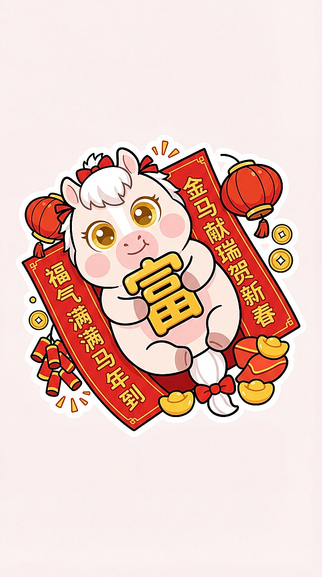国潮风插画，拟人化小马手持“富”字，搭配红灯笼与春联，喜庆卡通感十足，传递新春祝福。