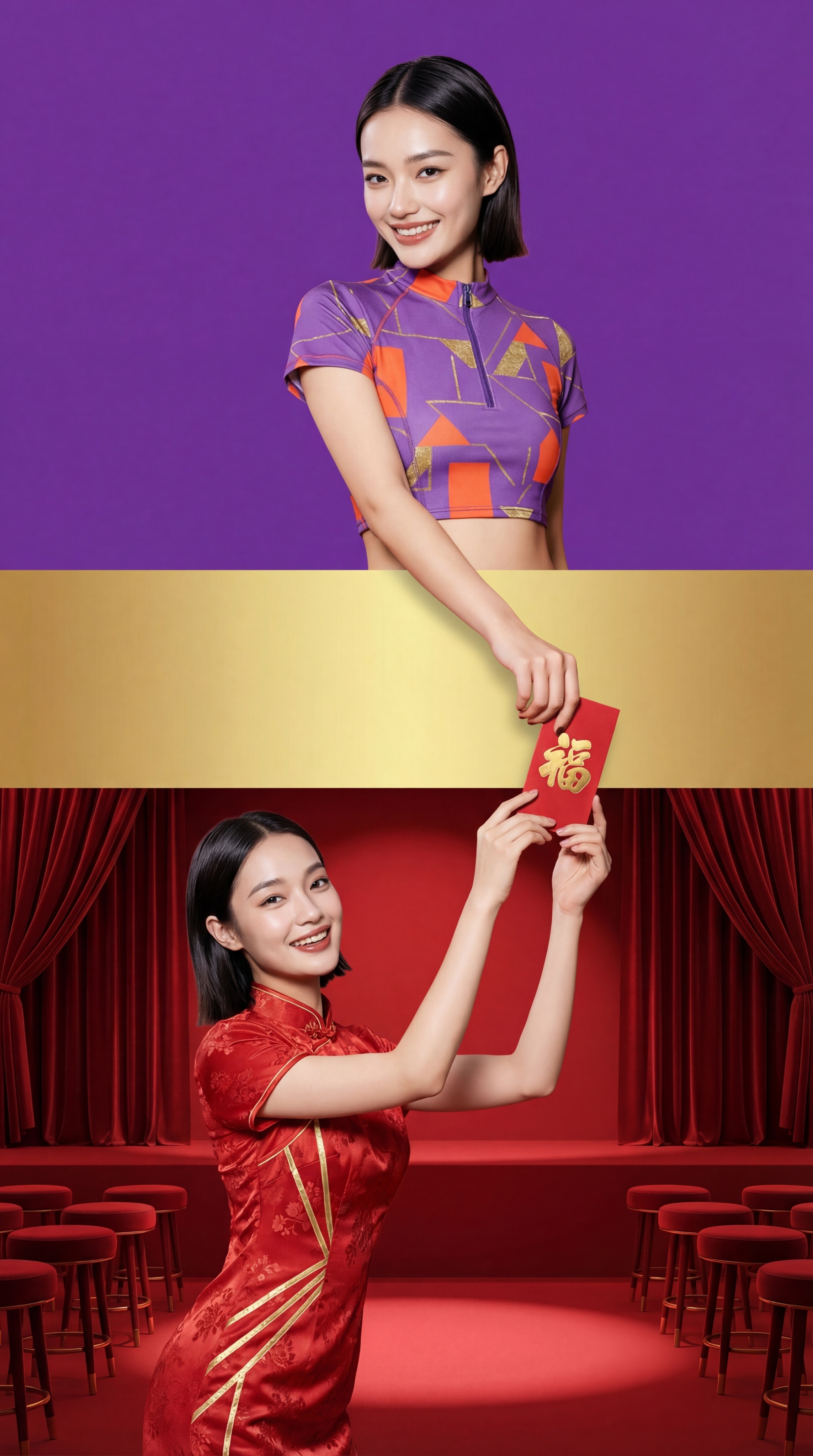 【上层场景，占比45%】：背景纯紫色。身穿紫色+橙色的拼接时尚… - 图片创意预览