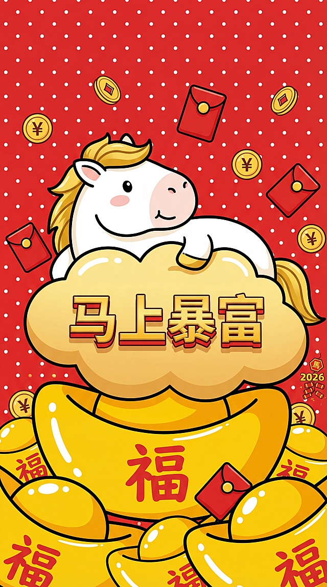 卡通拟人马坐金云，国潮插画风，鎏金浮雕质感，红底白点喜庆背景，红包金币环绕，2026年生肖马主题，寓意“马上暴富”。