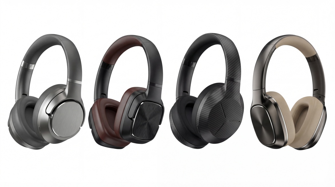 更改图中耳机的耳壳和耳罩的造型设计，商务风格，造型简约有设计感，生成多种不同造型预览效果