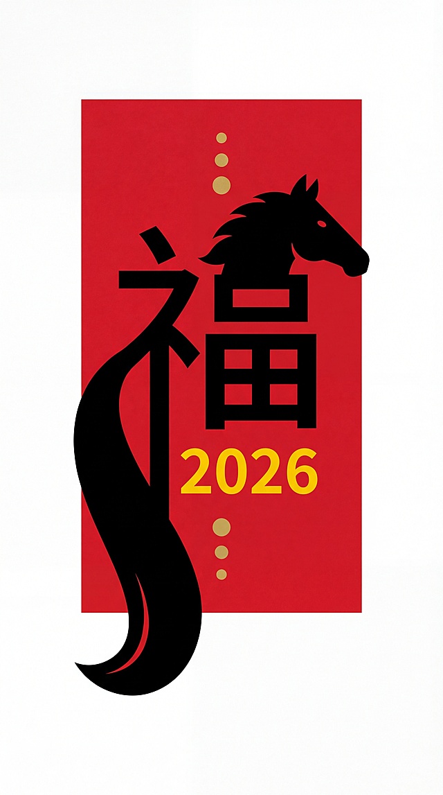 红黑双色剪影融合“福”字与马形，国潮风浮雕质感，喜庆中式设计，寓意2026马年吉祥。