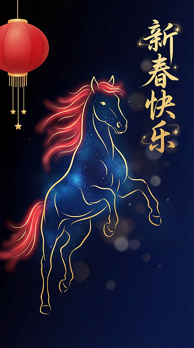 鎏金描边骏马跃动于星空，红灯笼映衬国潮风韵，光影粒子交织梦幻喜庆，传递新春祝福。