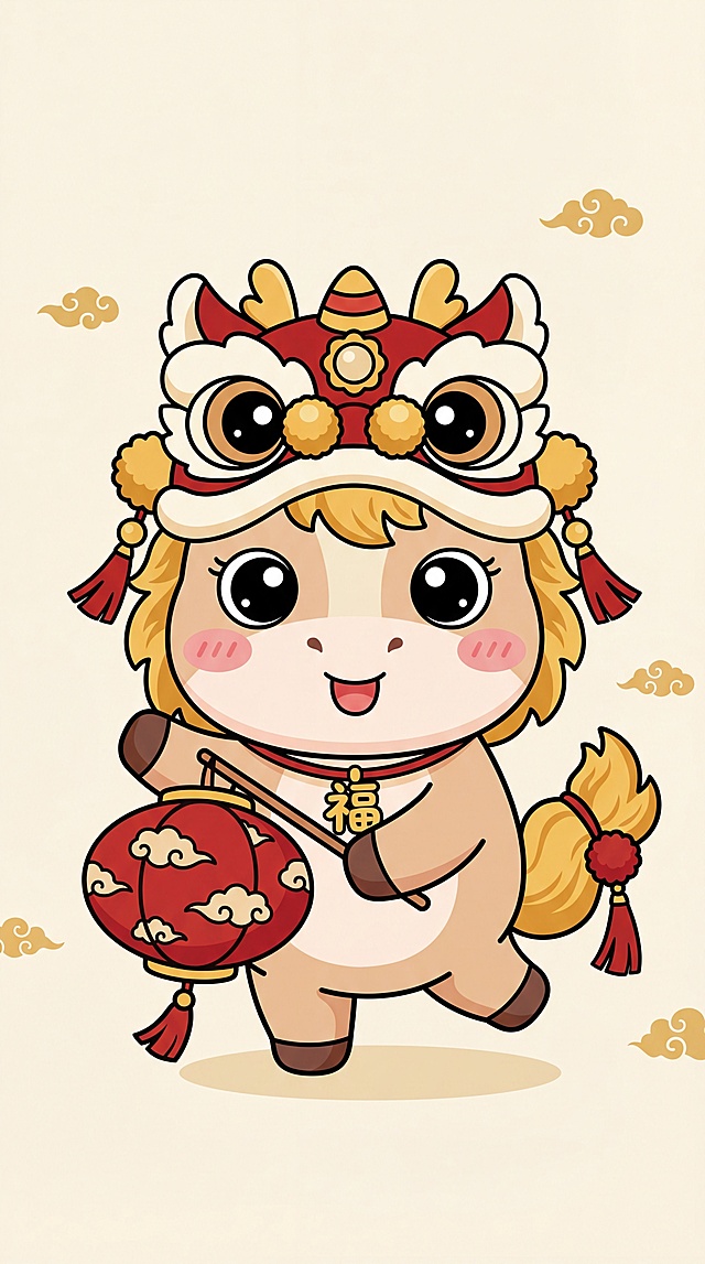 可爱卡通小马头戴舞狮帽，手持红灯笼，喜庆国潮风插画，拟人化设计融合剪纸元素，传递新春祝福。