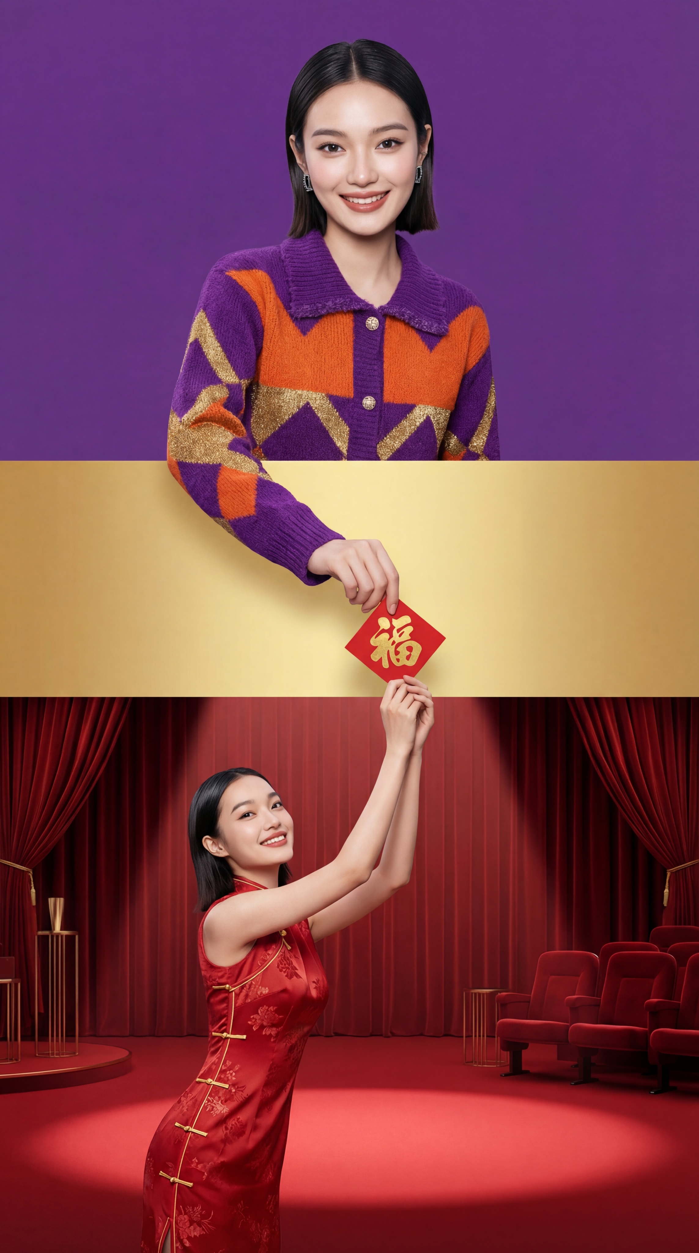 【上层场景，占比45%】：背景纯紫色。身穿紫色+橙色的拼接时尚… - 图片创意预览