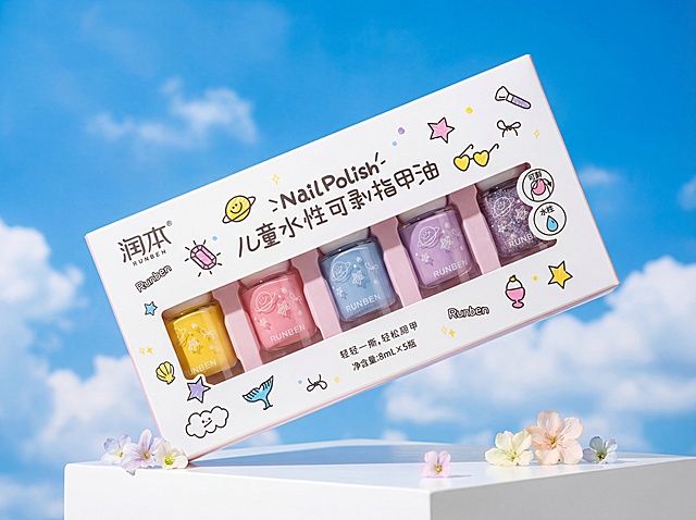 背景蓝色色天空一些白云，干净的白色展示台，产品放在展示台上，产品旁放着些小花，，产品占图片位置3分之2，产品迎面阳光 高清细节 清晰度，饱和度高，明亮通风，清新干净自然。超细节，4K 分辨率，着产品45°迎面，仰望视角 高清细节 ”要求参考主图颜色和外形外观任何改变”
