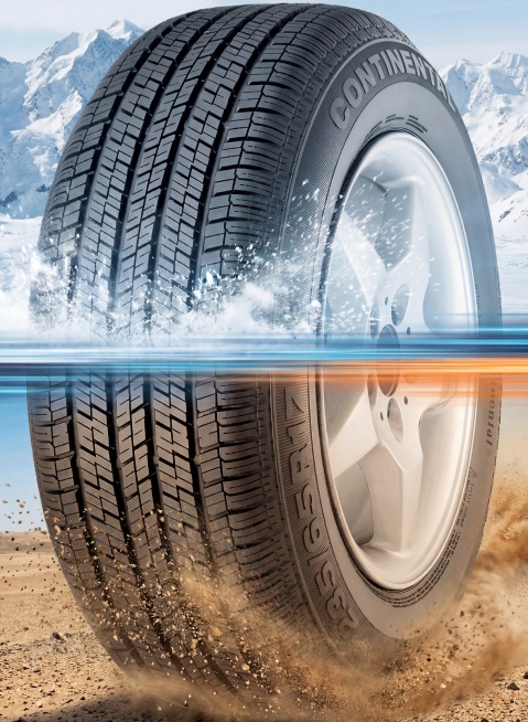 帮我生成图片：保持图中的轮胎和轮廓比例不变，轮胎上方行驶于雪山冰面，轮胎下方穿越沙漠沙石。中间用速度线分割，画面彩色，3:4竖版预览效果