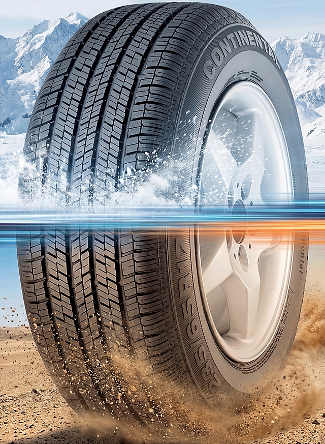 帮我生成图片：保持图中的轮胎和轮廓比例不变，轮胎上方行驶于雪山冰面，轮胎下方穿越沙漠沙石。中间用速度线分割，画面彩色，3:4竖版