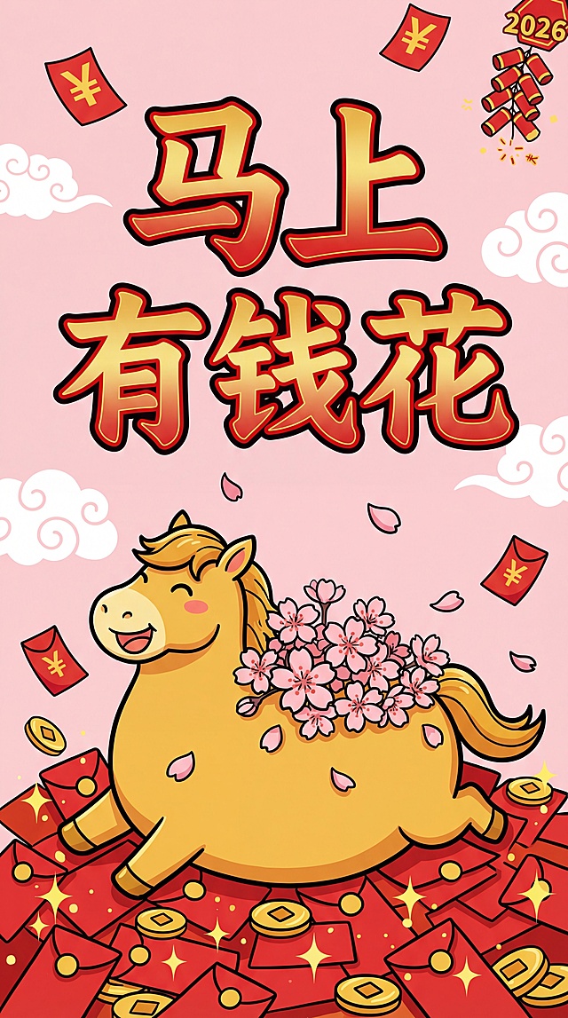 国潮风插画，拟人化金马坐满红包金币，剪纸元素点缀，喜庆卡通感十足，寓意2026马上有钱花。