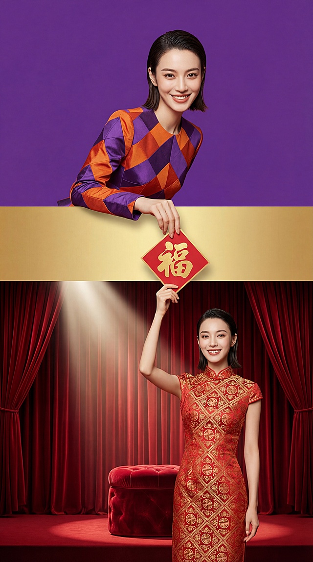 【上层场景，占比45%】：背景纯紫色。身穿紫色+橙色的拼接时尚质感高级定制高定服饰（参考图2）的高级亚洲模特（参考图1），她大眼睛双眼皮，长相很时髦，微笑，齐肩短发大背头，， 女性模特上半身跨越界面从场景中延伸到底部场景，右手拿着红色小小的红底金字福字，从上层画面底部伸出，从中间信息条的上方穿过，传递到下层场景；下层场景中的年轻女性的手抬起接着上层场景递过来的小小的红底金字福字，小小的红底金字福字经过中间信息条上面。
	
【中间场景  画面占比15%】：（通栏分割上下两个真实场景），金色渐变背景且布局简洁规整，不放任何文字，上方递出的小小的红底金字福字显示在中间信息条上面。
	
【下层场景，占比40%】：一位亚洲年轻女性，齐肩短发大背头，红色礼服，服饰上有淡淡的花纹，旗袍上有金色几何条状装饰，站着，女性微笑地高高地抬起手接过从上方传递下来的小小的红底金字福字，手放在在中间场景上拿到（手需要握住小小的红底金字福字中下部），背景是红色的舞台 一束灯光打在模特身上，舞台下有红色帷幔 红色的几排丝绒凳子 奢华简约高级