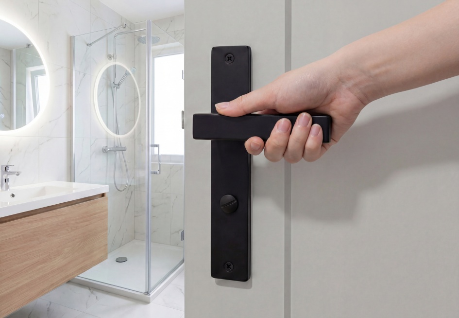 请严格以我上传的这张门锁场景图为基准，生成一张展示“手正在使用门锁”的特写图片。

【核心画面与动作】

焦点：聚焦于门锁的把手区域。

动作：一只干净、自然的成年人手（左手或右手均可），自然地握住门预览效果