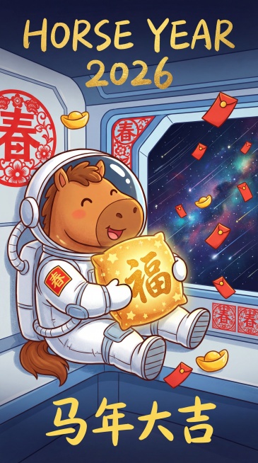 卡通萌系太空马年新年插画：主体是一只呆萌的小马宇航员形象，小马为暖棕毛色，身着白色宇航服，袖口饰有红底金字的‘春’字臂章，它坐在宇宙飞船的舷窗边，双手抱着一个发光的鎏金‘福’字抱枕，抱枕表面带有星光纹预览效果