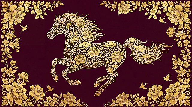鎏金工笔风骏马，融合牡丹花饰与浮雕质感，古典中式奢华，唯美优雅，描边细腻，尽显东方韵味。