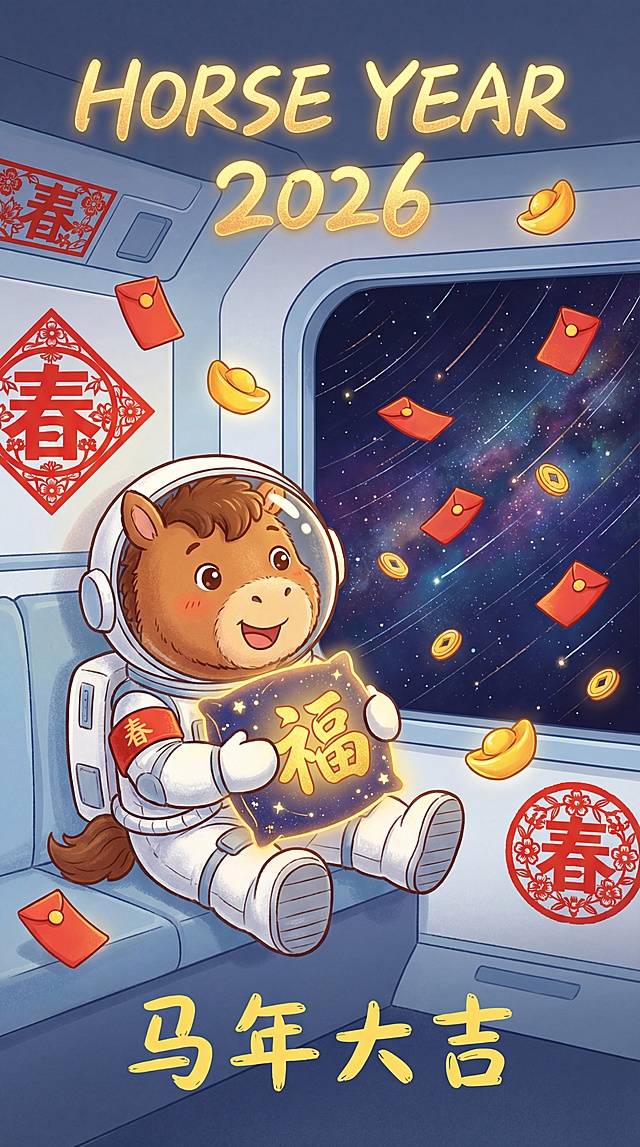 未来感太空舱中，拟人化小马宇航员手持“福”字，融合国潮剪纸与鎏金元素，卡通插画风传递马年喜庆与科技新年的祝福。