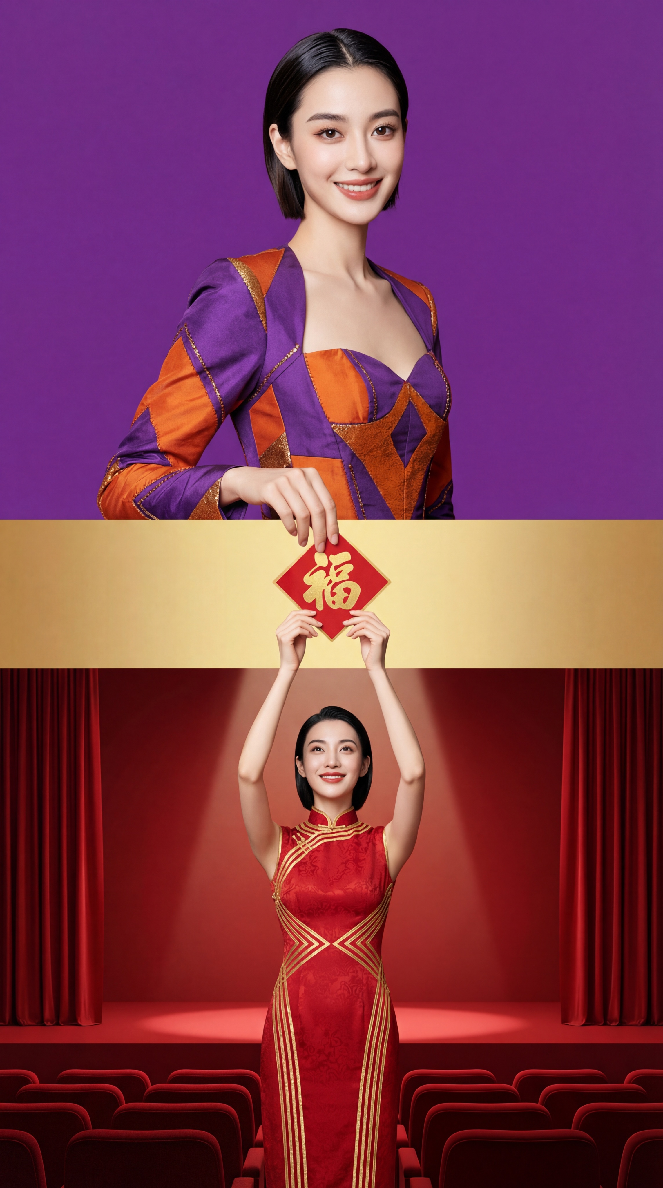 【上层场景，占比45%】：背景纯紫色。身穿紫色+橙色的拼接时尚… - 图片创意预览