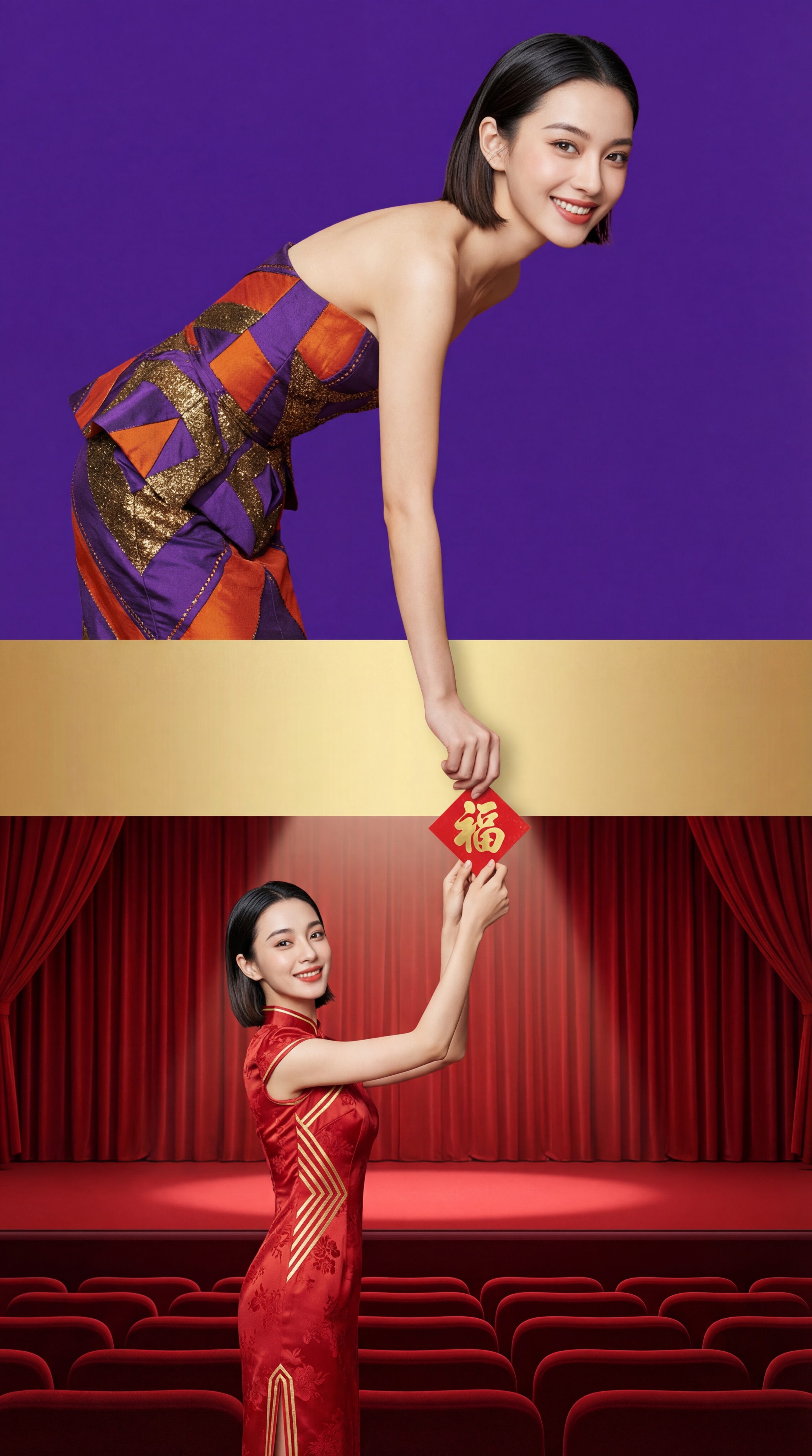 【上层场景，占比45%】：背景纯紫色。身穿紫色+橙色的拼接时尚… - 图片创意预览