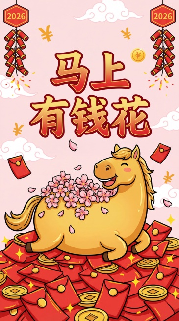 马年春节海报，以有趣的谐音梗风格呈现，采用平面二维设计，垂直构图，一只胖乎乎的金色小马躺在一堆闪闪发光的红色信封和金币上，小马的背部布满了盛开的粉色樱花（花瓣缓缓飘落），醒目的粗体楷体文字“马上有钱花预览效果