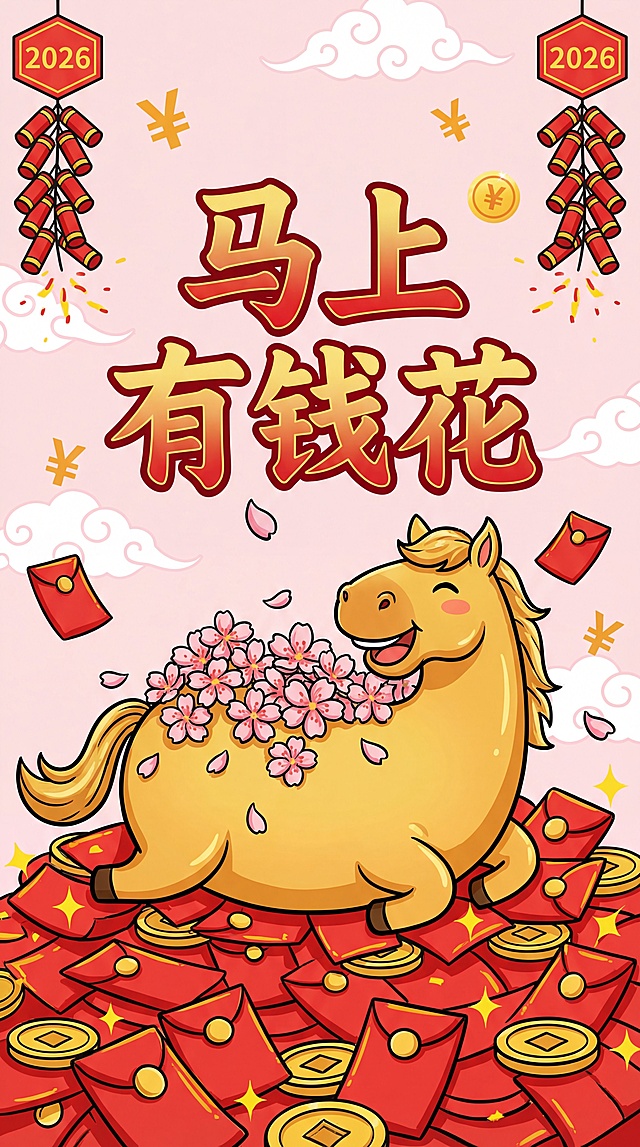 国潮风插画，拟人化金马坐满红包金币，剪纸元素点缀，喜庆卡通感十足，寓意2026马上有钱花。