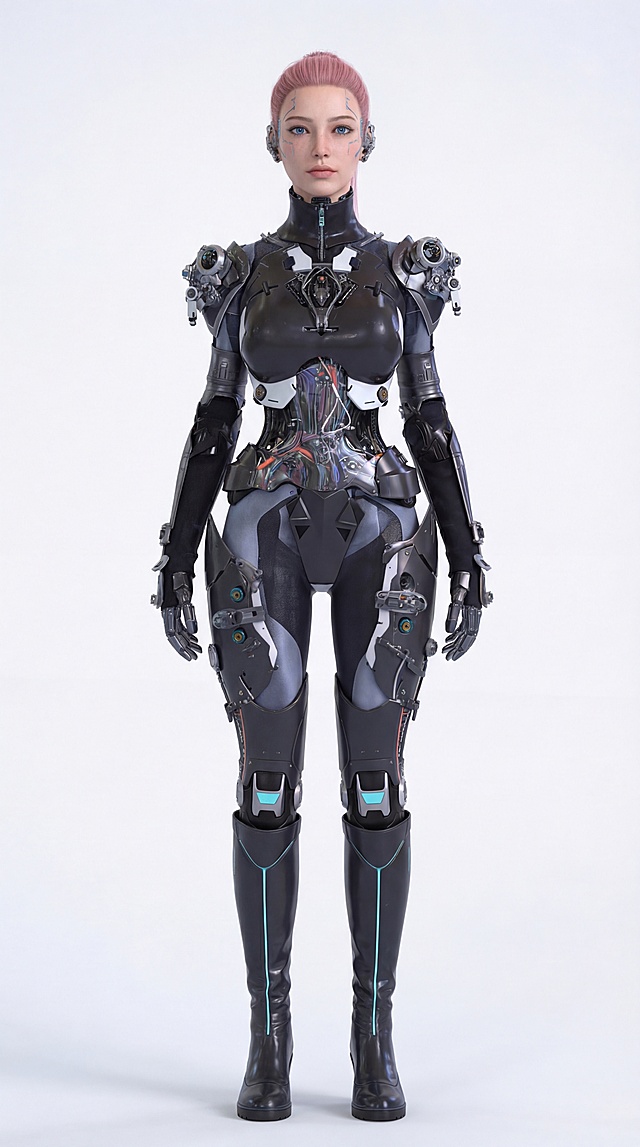 把参考图的人物站姿由面向右边调整为面向观众双脚并拢站立，双手保持自然垂放，其他均不变