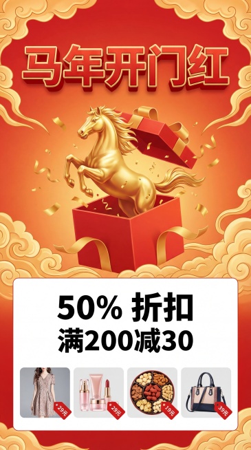 马年春节的电子商务促销海报，垂直构图 9:16，淘宝/抖音风格，一只动感的金色骏马从红色礼盒中冲出（带有金色彩纸的爆炸效果），顶部有醒目的文字“马年开门红”（红色字体，带有金色 3D 效果），中间是清预览效果