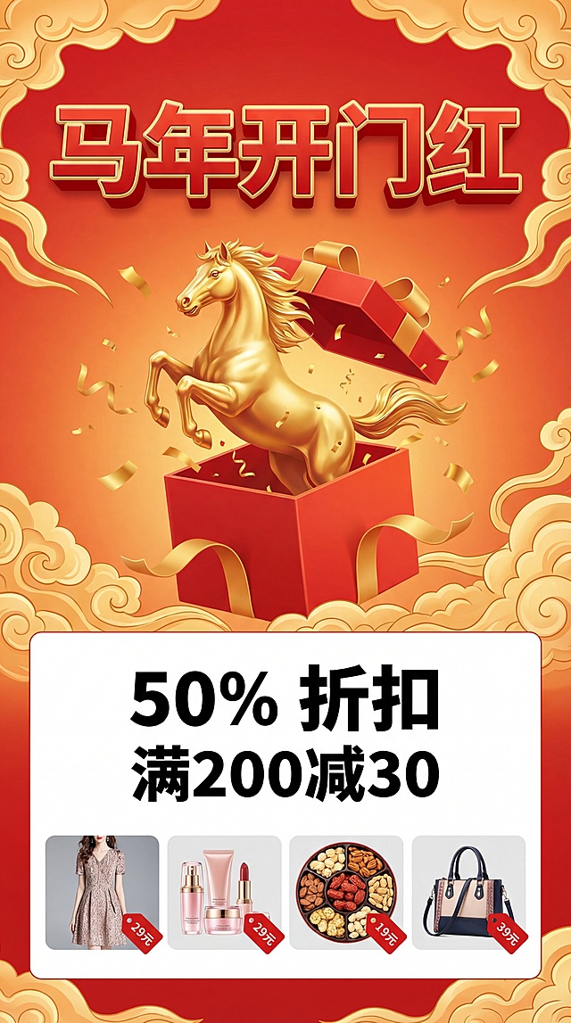 鎏金骏马跃出礼盒，3D重拟物风呈现立体体积感，红金配色营造喜庆氛围，金属质感强化视觉冲击，融合促销信息，传递马年开门红的节日狂欢。