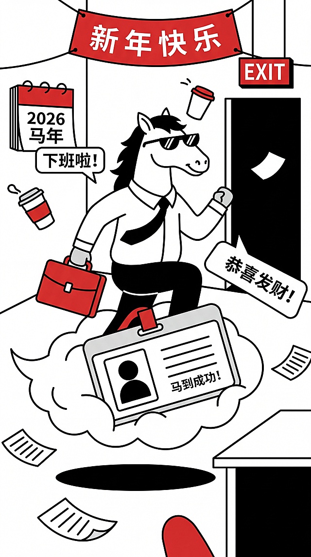卡通拟人马穿西装下班，插画风结合波普艺术元素，红白配色喜庆，印刷风文字点缀，新年快乐与恭喜发财营造节日氛围。