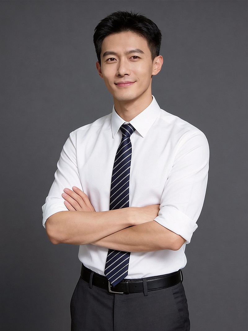 商务白色衬衫卷袖正面抱胸男士形象照